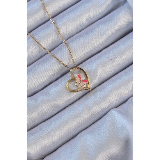 316L Çelik Zincir Altın Renk Mineli Kelebek Figür Zirkon Taşlı Kalp Kolye 316L Çelik Zincir Altın Renk Mineli Kelebek Figür Zirkon Taşlı Kalp Kolye