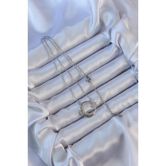 316L Çelik Zincir Gümüş Renk Zirkon Taşlı Motifli Ay Yıldız Kolye 316L Çelik Zincir Gümüş Renk Zirkon Taşlı Motifli Ay Yıldız Kolye