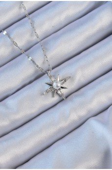 316L Çelik Zincir Gümüş Renk Baget Taşlı İnci Detay Kutup Yıldızı Kolye