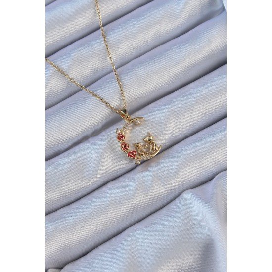 316L Çelik Zincir Altın Renk Kırmızı Gül Detay Kedi Figür Zirkon Taşlı Ay Kolye 316L Çelik Zincir Altın Renk Kırmızı Gül Detay Kedi Figür Zirkon Taşlı Ay Kolye