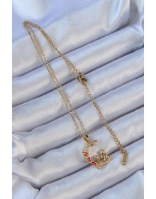 316L Çelik Zincir Altın Renk Kırmızı Gül Detay Kedi Figür Zirkon Taşlı Ay Kolye