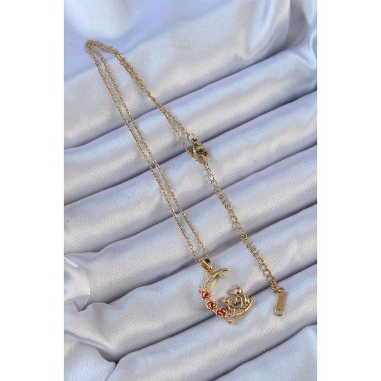 316L Çelik Zincir Altın Renk Kırmızı Gül Detay Kedi Figür Zirkon Taşlı Ay Kolye 316L Çelik Zincir Altın Renk Kırmızı Gül Detay Kedi Figür Zirkon Taşlı Ay Kolye