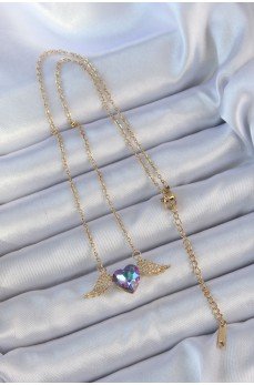 316L Çelik Zincir Altın Renk Mavi Mor Zirkon Taşlı Kanatlı Kalp Kolye