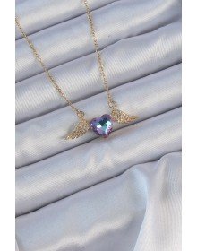 316L Çelik Zincir Altın Renk Mavi Mor Zirkon Taşlı Kanatlı Kalp Kolye