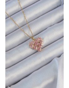 316L Çelik Zincir Altın Renk Pembe Parçalı Zirkon Taşlı Kalp Kolye