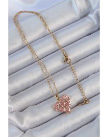 316L Çelik Zincir Altın Renk Pembe Parçalı Zirkon Taşlı Kalp Kolye