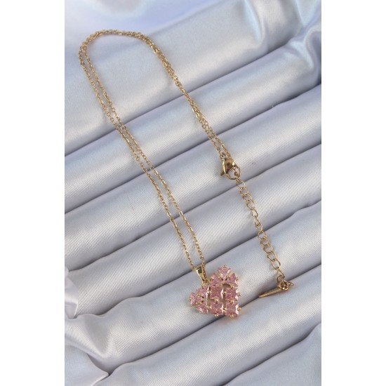 316L Çelik Zincir Altın Renk Pembe Parçalı Zirkon Taşlı Kalp Kolye 316L Çelik Zincir Altın Renk Pembe Parçalı Zirkon Taşlı Kalp Kolye