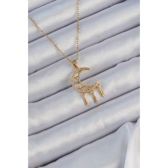 316L Çelik Zincir Altın Renk İşlemeli Zirkon Taşlı Ay Kolye 316L Çelik Zincir Altın Renk İşlemeli Zirkon Taşlı Ay Kolye