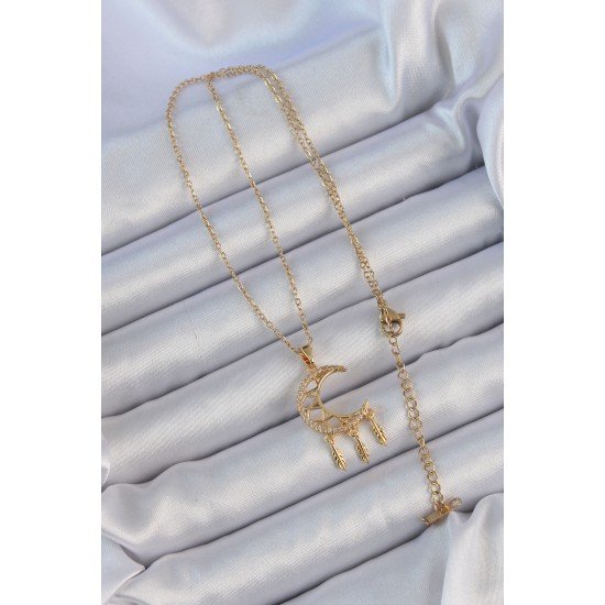 316L Çelik Zincir Altın Renk İşlemeli Zirkon Taşlı Ay Kolye 316L Çelik Zincir Altın Renk İşlemeli Zirkon Taşlı Ay Kolye