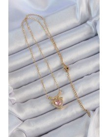 316L Çelik Zincir Altın Renk Pembe Zirkon Taşlı Fiyonklu Kalp Kolye