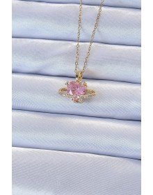 316L Çelik Zincir Altın Renk Pembe Zirkon Taşlı Satürn Görünümlü Kalp Kolye