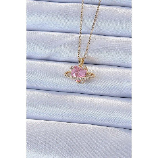 316L Çelik Zincir Altın Renk Pembe Zirkon Taşlı Satürn Görünümlü Kalp Kolye 316L Çelik Zincir Altın Renk Pembe Zirkon Taşlı Satürn Görünümlü Kalp Kolye