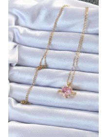 316L Çelik Zincir Altın Renk Pembe Zirkon Taşlı Satürn Görünümlü Kalp Kolye