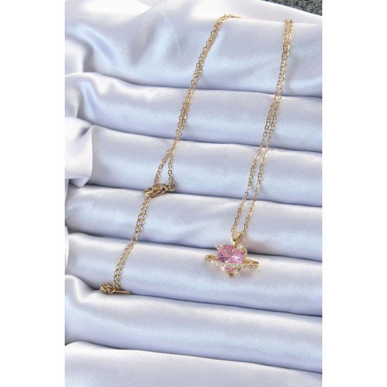 316L Çelik Zincir Altın Renk Pembe Zirkon Taşlı Satürn Görünümlü Kalp Kolye 316L Çelik Zincir Altın Renk Pembe Zirkon Taşlı Satürn Görünümlü Kalp Kolye