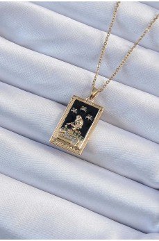 316L Çelik Zincir Altın Renk Zirkon Taşlı Siyah Mineli Kız Figürlü Tarot Kolye