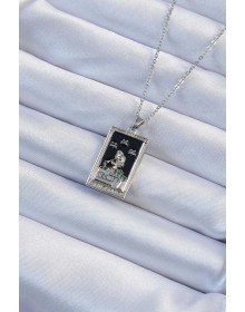 316L Çelik Zincir Gümüş Renk Zirkon Taşlı Siyah Mineli Kız Figürlü Tarot Kolye