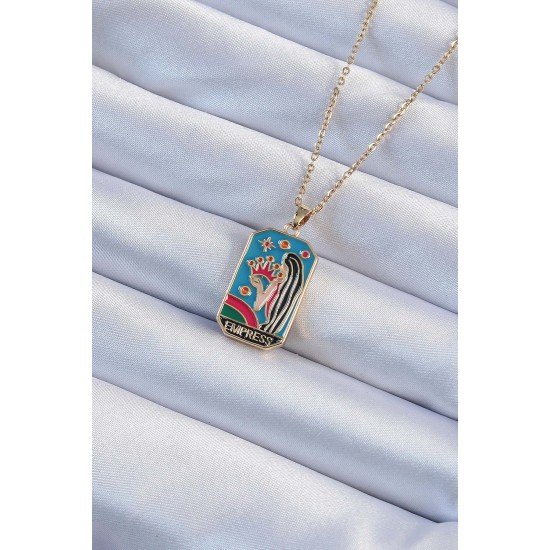 316L Çelik Zincir Altın Renk Taç ve Kız Figürlü Renkli Mineli Tarot Kolye 316L Çelik Zincir Altın Renk Taç ve Kız Figürlü Renkli Mineli Tarot Kolye