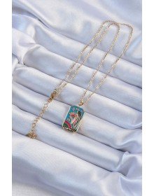 316L Çelik Zincir Altın Renk Taç ve Kız Figürlü Renkli Mineli Tarot Kolye