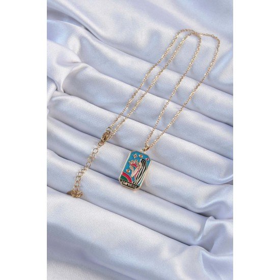 316L Çelik Zincir Altın Renk Taç ve Kız Figürlü Renkli Mineli Tarot Kolye 316L Çelik Zincir Altın Renk Taç ve Kız Figürlü Renkli Mineli Tarot Kolye