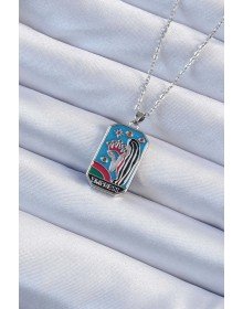 316L Çelik Zincir Gümüş Renk Taç ve Kız Figürlü Renkli Mineli Tarot Kolye