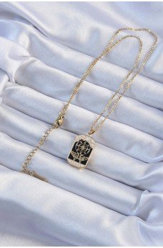 316L Çelik Zincir Altın Renk İşlemeli Siyah Mineli Tarot Kolye