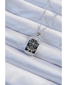 316L Çelik Zincir Gümüş Renk İşlemeli Siyah Mineli Tarot Kolye