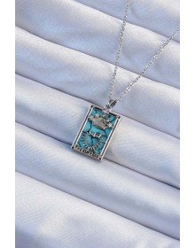 316L Çelik Zincir Gümüş Renk Zirkon Taşlı Mavi Mermer Desenli Taç Model Tarot Kolye