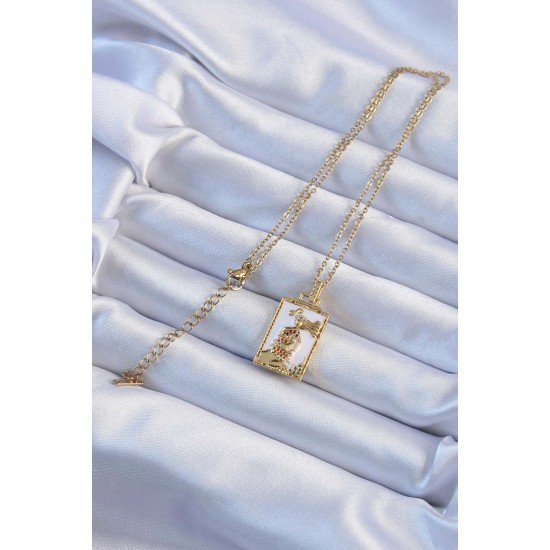 316L Çelik Zincir Altın Renk Beyaz Mineli Tarot Kolye 316L Çelik Zincir Altın Renk Beyaz Mineli Tarot Kolye