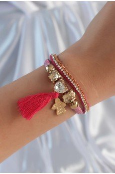 Pembe Renk Zirkon Taşlı Püskül Detay Deri Çoklu Bileklik