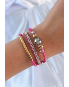 Pembe Renk Zirkon Taşlı Deri Çoklu Bileklik