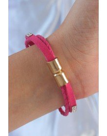 Pembe Renk Zirkon Taşlı Deri Çoklu Bileklik