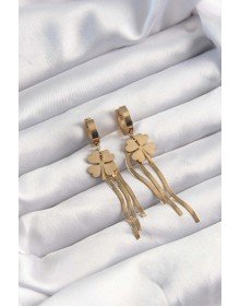 316L Çelik Altın Renk İtalyan Zincirli Yonca Model Halka Küpe