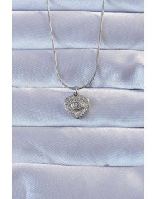 316L Gümüş Renk Zirkon Taşlı İşlemeli Göz Detay Kalp Kolye