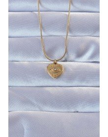 316L Altın Renk Zirkon Taşlı İşlemeli Göz Detay Kalp Kolye