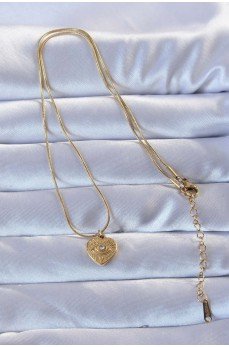 316L Altın Renk Zirkon Taşlı İşlemeli Göz Detay Kalp Kolye