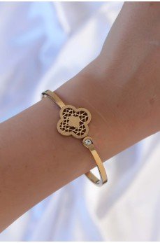 316L Çelik Altın Renk Zirkon Taşlı Simli Yonca Kelepçe