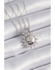 316L Çelik Gümüş Renk Zirkon Taşlı Güneş Model İşleme Yazı Detay Arkadaşlık Kolyesi