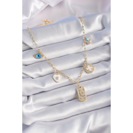 Gold Renk Zirkon Taşlı Çoklu Figür Model Şans Kolyesi Gold Renk Zirkon Taşlı Çoklu Figür Model Şans Kolyesi