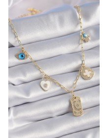 Gold Renk Zirkon Taşlı Çoklu Figür Model Şans Kolyesi