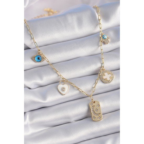 Gold Renk Zirkon Taşlı Çoklu Figür Model Şans Kolyesi Gold Renk Zirkon Taşlı Çoklu Figür Model Şans Kolyesi