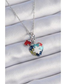 316L Çelik Gümüş Renk Yapboz Motif Kalp Figür Charm Model Kadın Kolye