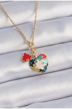 316L Çelik Gold Renk Yapboz Motif Kalp Figür Charm Model Kadın Kolye