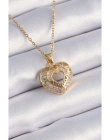 316L Çelik Gold Renk Zirkon Taşlı Kalp Model Vintage Kadın Kolye