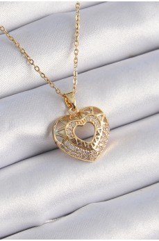 316L Çelik Gold Renk Zirkon Taşlı Kalp Model Vintage Kadın Kolye
