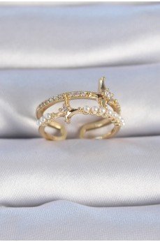 Pirinç Gold Renk Zirkon Taşlı İnci Detay Kutup Yıldızı Model Kadın Yüzük
