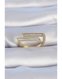 Pirinç Gold Renk Zirkon Taşlı Beyaz Sedef Detay Kadın Yüzük