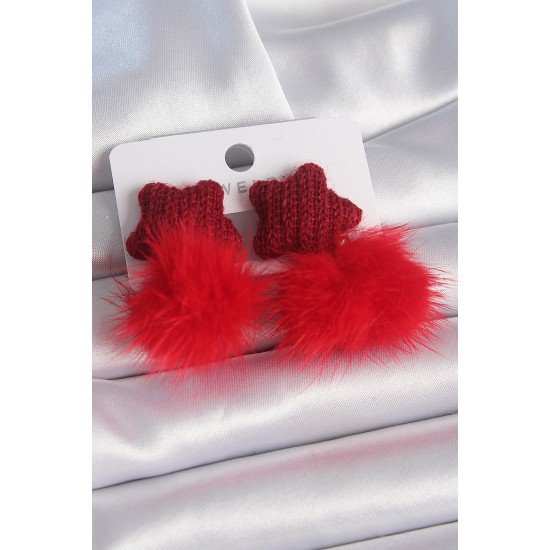 Kırmızı Renk Tüylü Yıldız Ponpon Model Kadın Küpe Kırmızı Renk Tüylü Yıldız Ponpon Model Kadın Küpe