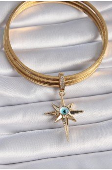 Pirinç Gold Renk Zirkon Taşlı Kutup Yıldızı Nazar Boncuk Detay Ajda Charm