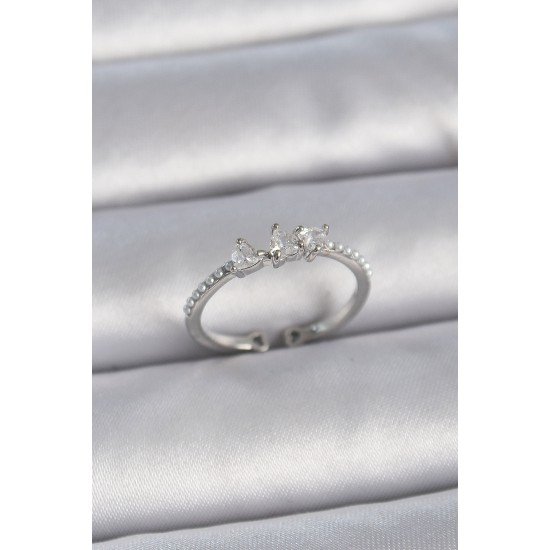 Pirinç Gümüş Renk Zirkon Taşlı Kalp İnci Detay Ayarlanabilir Model Kadın Yüzük Pirinç Gümüş Renk Zirkon Taşlı Kalp İnci Detay Ayarlanabilir Model Kadın Yüzük