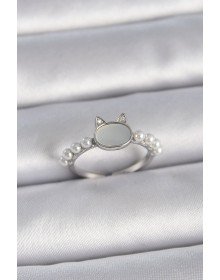 Pirinç Gümüş Renk Ayarlanabilir Beyaz Mineli Kedi Model İnci Detay Kadın Yüzük
